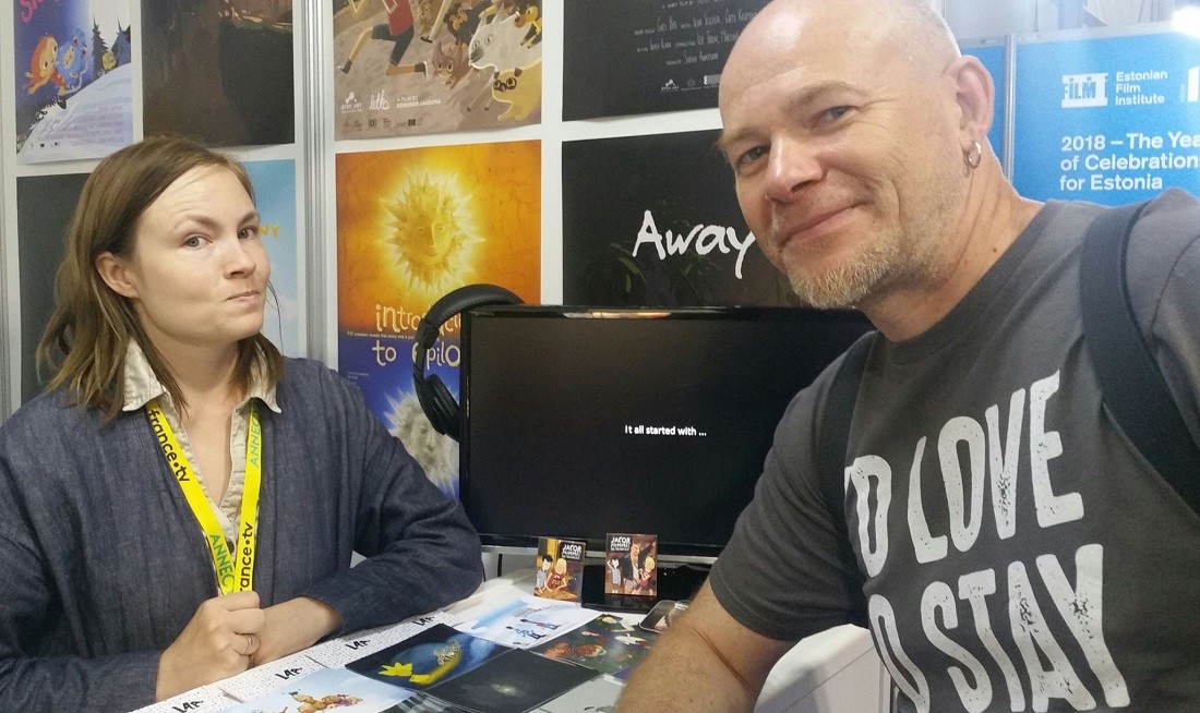 Raksta autore, Latvijas  Animācijas asociācijas vadītāja Anna Zača un Vladimirs Leščovs MIFA filmu tirgū 2018. gadā