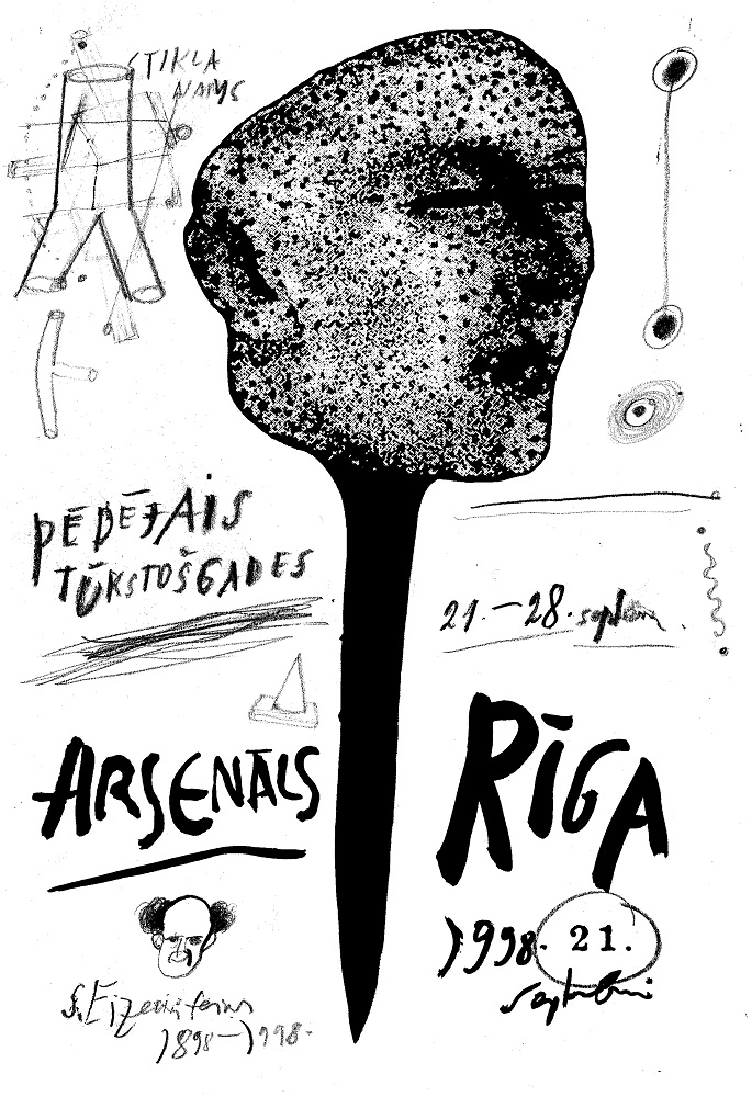 Mākslinieka Ilmāra Blumberga zīmēts kinoforuma "Arsenāls" kataloga vāks 1998. gadā, kad Eizenšteinam apritēja 100 gadu
