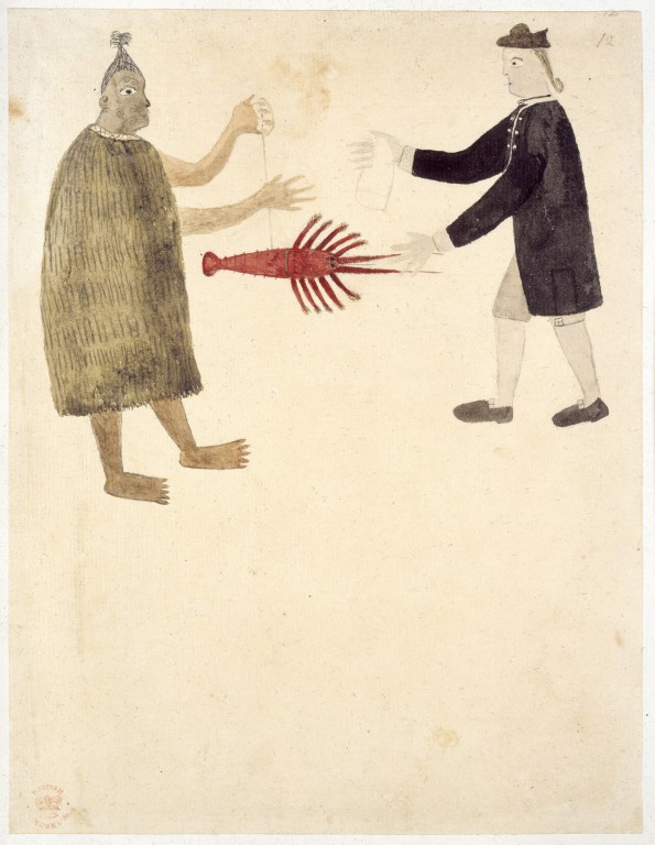 Ilustrācija Kapteiņa Kuka pirmajai ekspedīcijai 1769. gadā. ("File:Maori bartering a crayfish - Drawings illustrative of Captain Cook's First Voyage (1769), f.11 - BL Add MS 15508.jpg" by Creator:Artist of the Chief Mourner is marked with CC0 1.0)