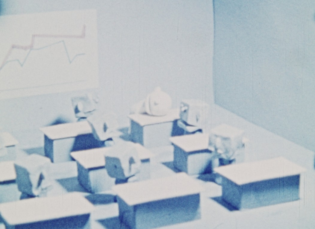 Kadrs no animācijas filmas “Pilns apmācību kurss”. 1987. gads. Režisori Rauls Šēnbergs, Aldis Šēnbergs. LNA LVKFFDA 31. f., dok. nr. 274.
