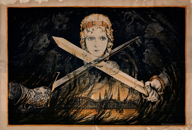 Bez nosaukuma: plakāts filmai "Lāčplēsis". Nezināms mākslinieks. Rīga : Ernst Plates A./S. (1930). Litogrāfija; 70 x 105 cm.