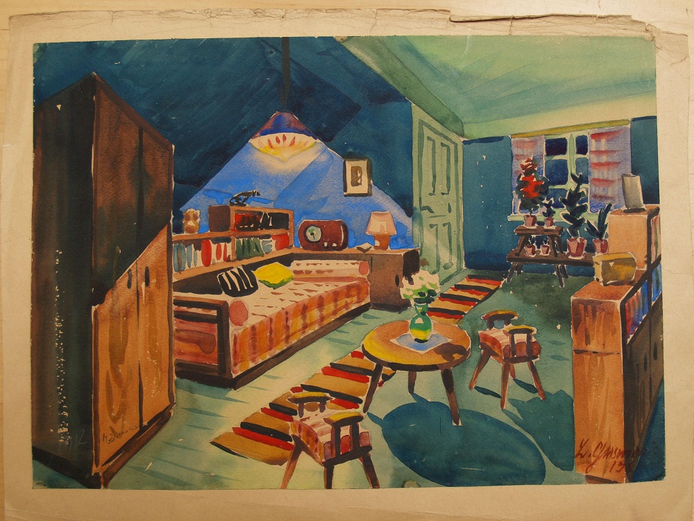Dekorāciju skice filmai "Zvejnieka dēls" (1957), Anitas istaba ar dīvānu, kas uz filmēšanu tika vests no paša Grasmaņa dzīvokļa